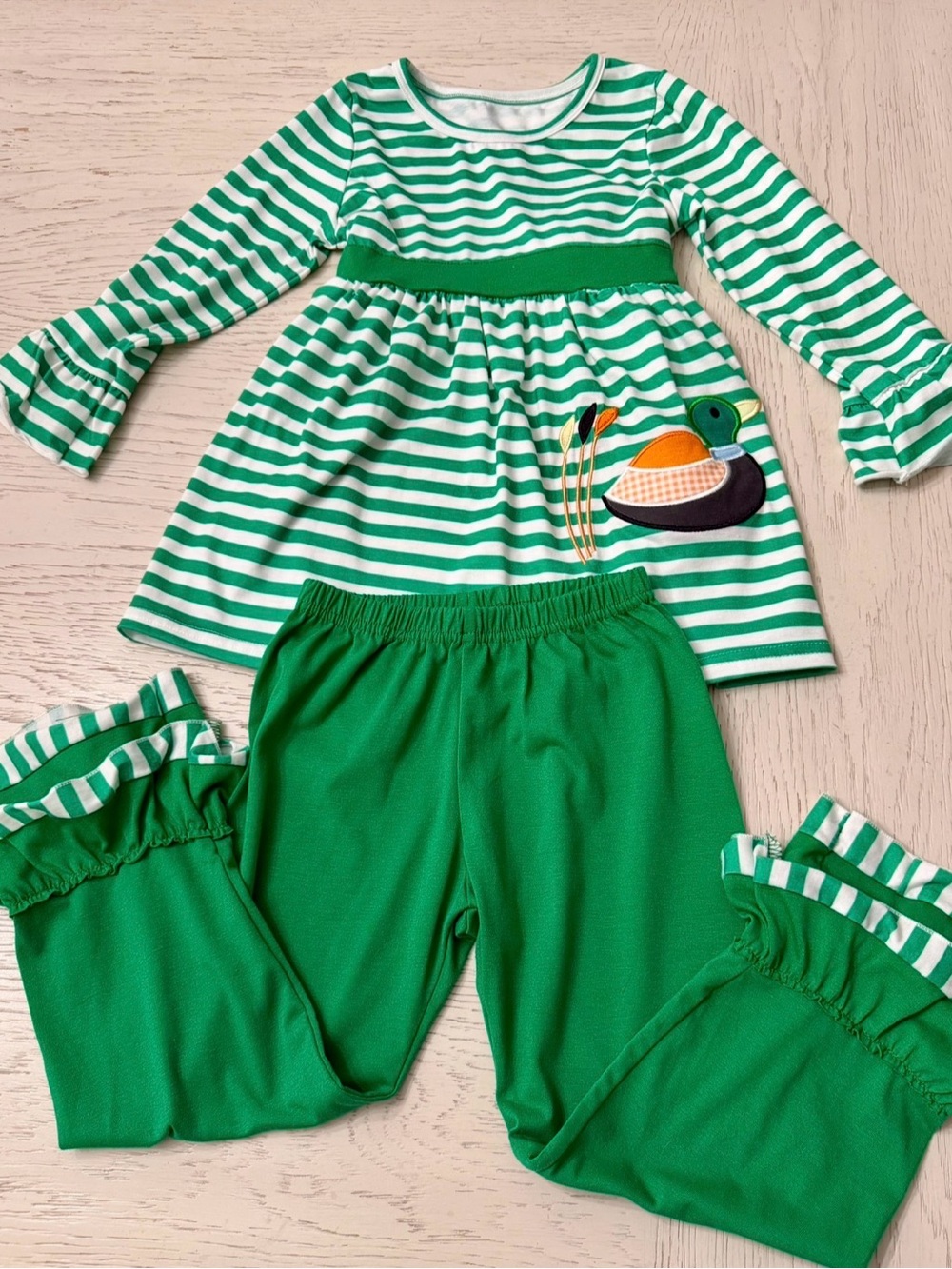 Boutique Green Striped Duck Applique Matching Top Ruffle Pants Set 5 Years